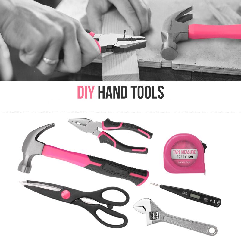 56pcs Pink Home Tool Kit Basic Hand Tools Box Repair Set Alat Lengkap untuk Wanita